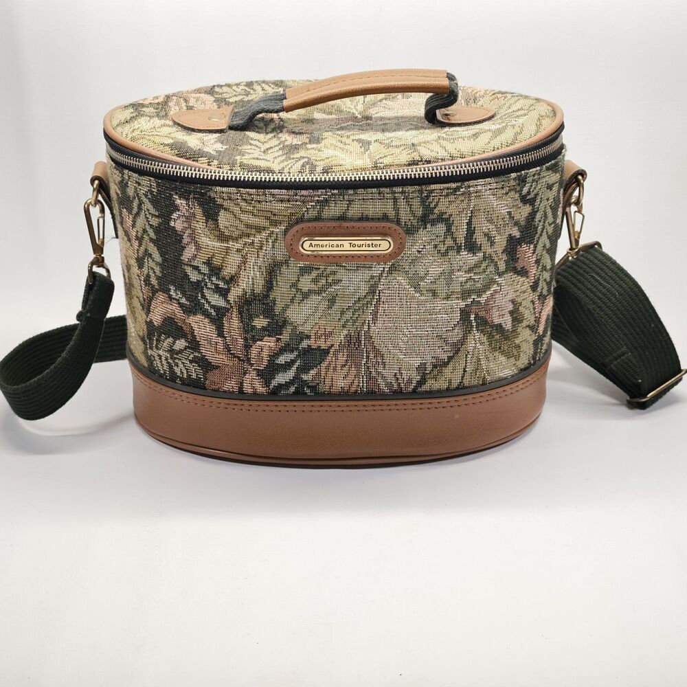 Vintage American Tourister Floral Tapestry Train Case Cosmetic Bag Strap Mirror